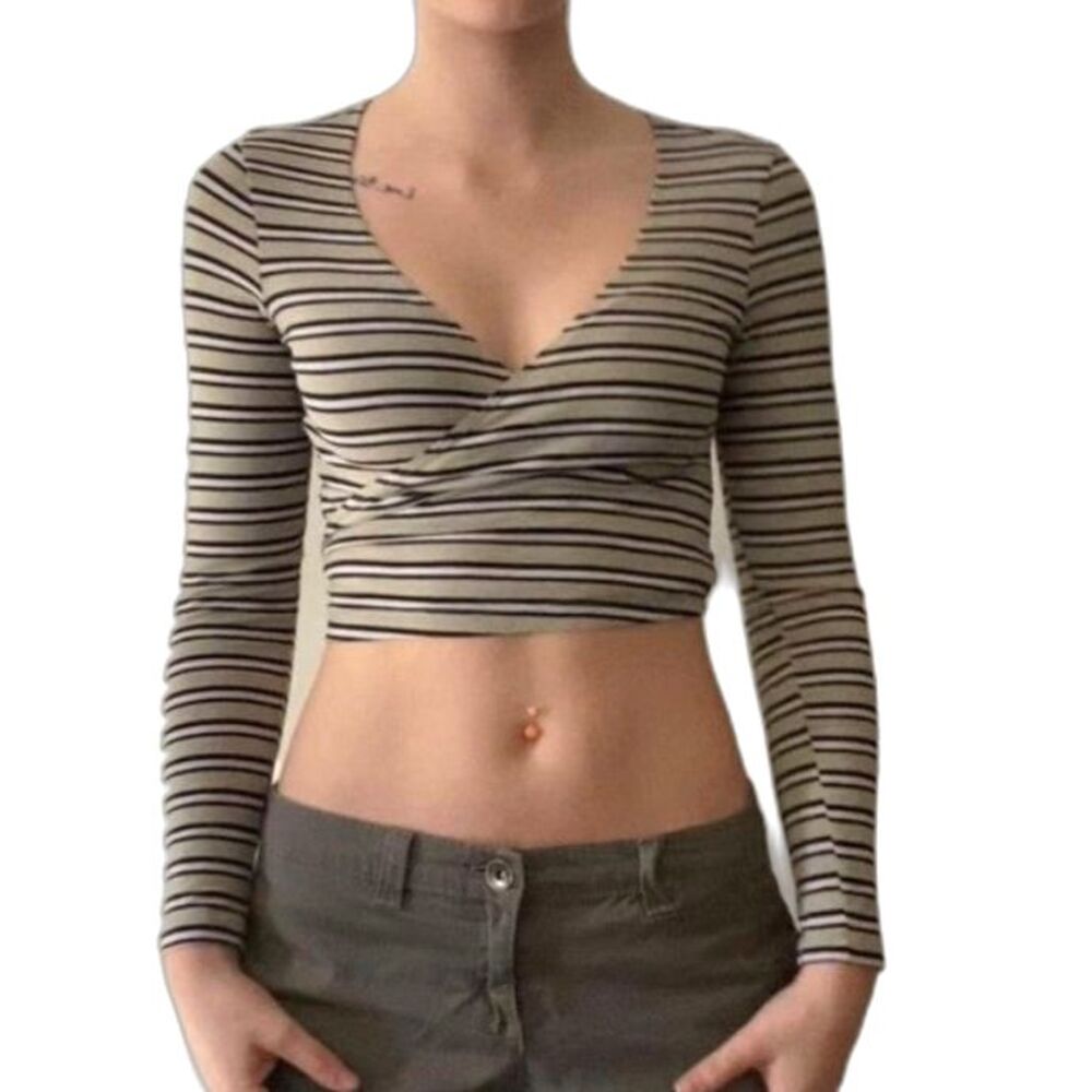Urban Outfitters Women's Light Olive Black Striped Cropped LS Wrap Top Size M